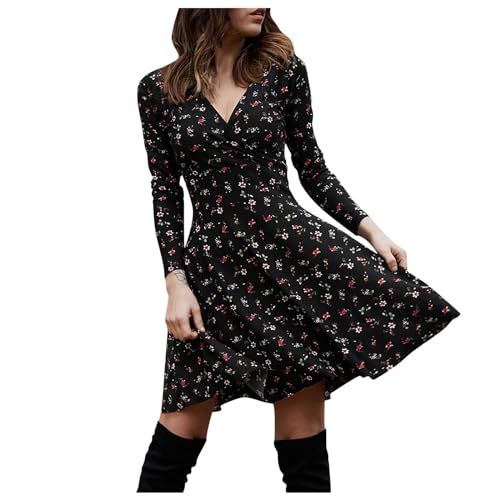 Elegante Strandkleider für Damen, Midi-Blumenmuster, knielang, Sommerkleider, Smaragdgrünes Kleid, lange Ärmel, A-Linie, Vintage-Kleid, Übergröße, knielanges Kleid, Größe 44, Schwarz , M