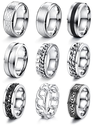 JeweBella 9 Stück Edelstahl Ringe Set für Herren - Silber Poliert, Keltischer Knoten, Vintage Biker, Schwarz Kette, Wikinger Gothic - Verlobung Freundschaftsringe für Männer