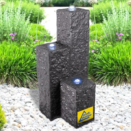 Gartenbrunnen Brunnen Zierbrunnen Zimmerbrunnen Springbrunnen Brunnen mit LED-Licht 230V Wasserfall Wasserspiel für Garten, Gartenteich, Terrasse, Balkon Sehr Dekorativ (Trio-Basalt-3)