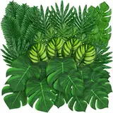 QUOZUO 50 Stück Tropische Blätter Dekorationen, Grün Palm Blätter Künstlich Monstera Pflanze Palmenblätte mit Stielen für Dschungel Dekorationen Strand Geburtstag Luau Hawaiian Dekorationen