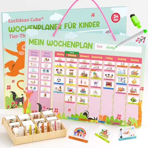 Wochenplaner Kinder - Tier Thema Magnettafel inkl. 237 Magnete, Aufbewahrungsbox, Staffeleien, Haken, Kordel & Stift - Tägliche Routinen erlernen - Montessori Spielzeug für Kinder ab 3 Jahre