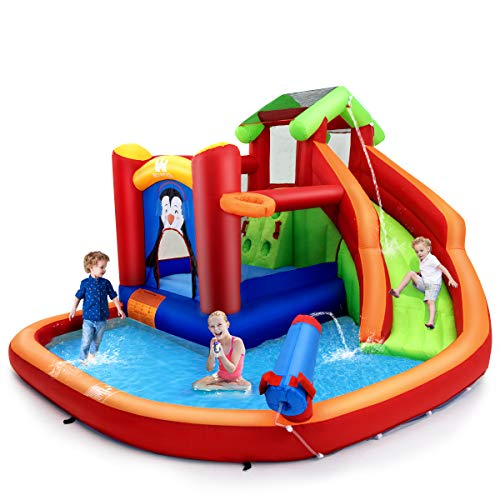 COSTWAY Hüpfburg mit Rutsche, Kletterwand, Planschbecken, Wasserkanone & Basketballring, Wasserpark zur Nass- & Trockenanwendung, inklusive Reparaturset, Tragetasche, 370 x 300 x 190 cm, Rot