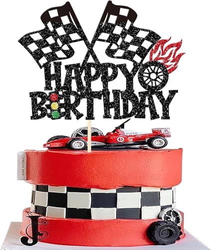 1 Stück Renn Auto Tortendeko Happy Birthday Rennwagen Cake Topper Karierter Flagge Kuchen Deko für Baby Dusche Jungen Mädchen Racing Sports Thema Geburtstag Party Kuchen Dekorationen