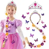 Vamei Rapunzel Perücke Kinder Haarreif Prinzessin Zopf Rapunzel Stirnband mit Kaiserkrone Schmetterling Pin Badge Prinzessin Cosplay Perücke Zubehör für Kinder Mädchen Halloween Karneval Maskerade