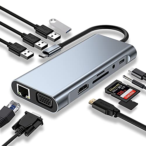 USB C HUB, Docking Station, 11-in-1 USB C Adapter mit 4K-HDMI, VGA, USB 3.0 Port, Type C PD, Ethernet RJ45 Port, SD/TF-Kartenles, 3.5mm AUX, Kompatibel für MacBook Pro/Air, More Type C Geräte