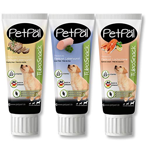 PetPäl Hunde Leberwurst “TuboSnack“ - Ohne Getreide, Salz, Zucker - Premium Leckerli aus der Tube - Schmackhaft, lecker, gesund, natürlich - Ideal auch für Welpen - 3X 75g Hunde Snack Made in Germany