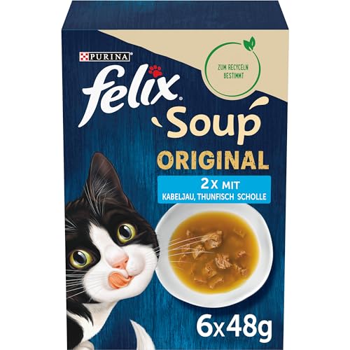 Felix Katzennassfutter Soup Geschmacksvielfalt aus dem Wasser mit Kabeljau, Thunfisch, Scholl, 8er Pack (6 x 48 g) Portionsbeutel