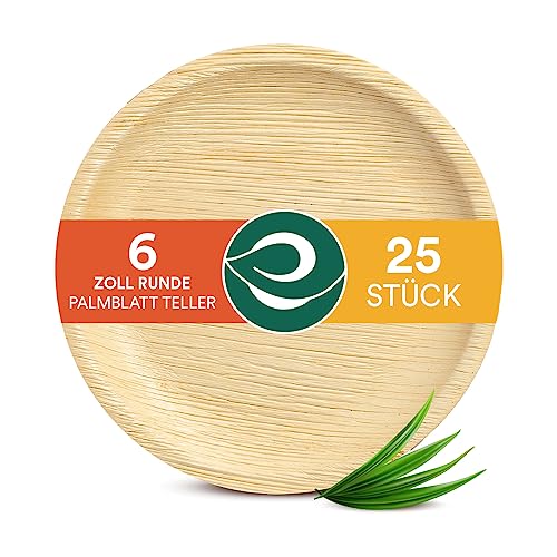ECO SOUL 100% kompostierbare 15 cm, runde Palmblatt Teller [25 Stück] I Premium Palmblatt Geschir I Robuste, Bio Einweg Teller wie Bambus I Runde Einweg Teller