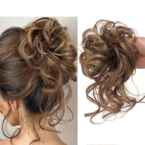 Große Dutt Haarteil Haargummi Mit Haaren Hochsteckfrisuren, Gelockt Messy Bun Haarteil mit Gummiband für Frauen Mädchen (12/24 braun Mix Hellbraun)