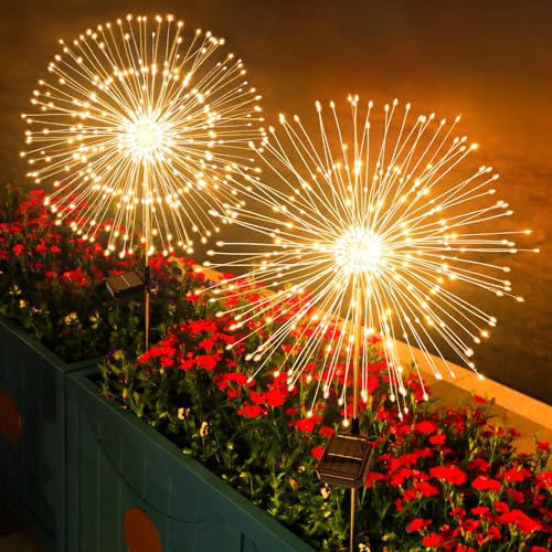 Solarlampen für Außen Garten, 2 Stück 120 LED Warmweiß Gartendeko Solarleuchten für Außen 8 Modi Wasserdicht Solarlichter Pusteblume, Solarstecker Gartenleuchten für Pathway Solar Gartenlichter