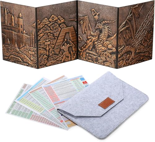 LIEFY DND DM Screen - D&D Dungeon and Dragons Spielleiterscreen aus geprägtem 3D Kunstleder mit Drachenmuster und 4 Panels mit Taschen - DND Geschenk - DND Zubehör (Copper)