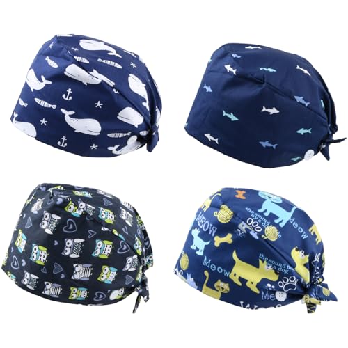 Amexo 4 Stück OP Haube Baumwoll Peeling-Mütze mit Schweißband und Knöpfen Chirurgische Hut Staubkappe Verstellbar Bandana Cap Kochmütze für Damen Herren