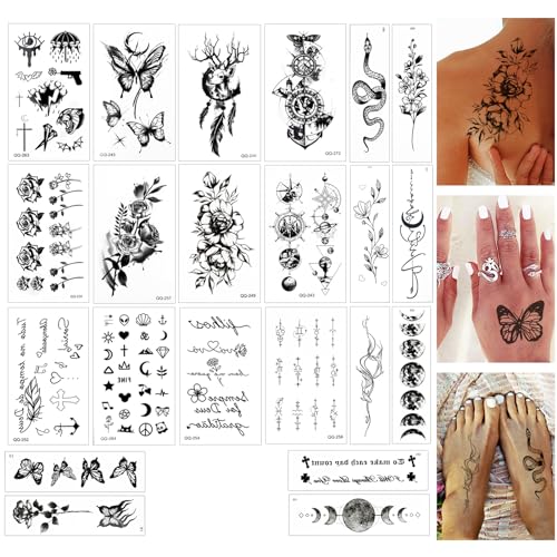 22 Blätter Temporäre Tattoos, Klein Schwarz Fake Tattoo, 110+ Klebetattoos für Erwachsene, Zum Arm Aufkleben, für Frauen Männer Kinder Jungen Mädchen