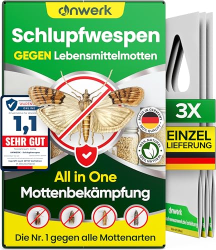 anwerk® Schlupfwespen gegen Lebensmittelmotten - 3 Karten à 1 Lieferung - Effektiv Lebensmittel Motten bekämpfen - Alternative zur Mottenfalle, Mottenspray, Pheromonfalle (3X Karten à 1 Lieferung)