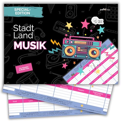 Stadt Land Musik by snaPmee - Geschenk für Musiker, Sänger, Songwriter & Musikliebhaber - Quiz Spiel mit 50 Blatt Din-A4