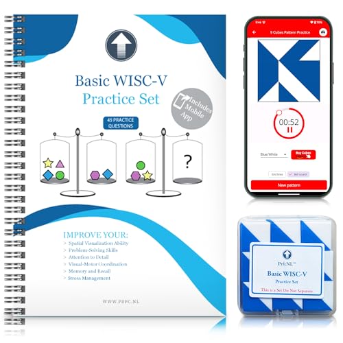 PrfcNL WISC-V Übungsset – 45 Übungsfragen, mit 9 blau-weißen Würfeln und mobiler App. Ideal für die Einführung in IQ-Tests, Vorbereitung auf den BDT, pädagogisches MINT-Montessori-Geschenk