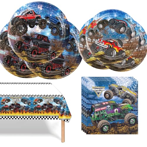 Monster Truck Partygeschirr Rennwagen, Monster Party Truck Geburtstagsparty,Zubehör Party Dekoration Kindergeburtstag Deko, für Kinder Geburtstagsfeier Deko Tisch Geburtstag Set (Rennen)