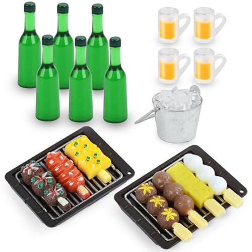 Miniatur Lebensmittel Puppenhaus, Miniatur Puppenhaus Zubehör Essen, Mini Bierkrug Puppenhaus Zubehör, Miniatur Essen und Trinken, Miniatur Grillpfanne und Spieße, für DIY Puppenhaus Dekor (21PCS)