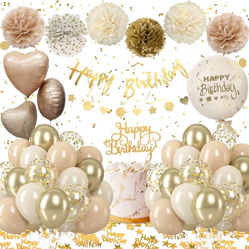 Geburtstagsdeko Frau, Deko Geburtstag Gold Beige mit Luftballons Geburtstag, Pompons Party Deko Gold, Dekoration Geburtstag Banner für Geburtstags Deko frauen Mann Mädchen Baby