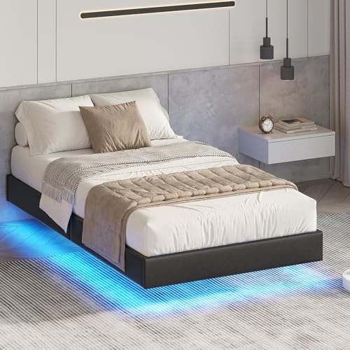 DICTAC Bett 90x200 mit LED Beleuchtung, Bettgestell 90x200 mit Lattenrost, Floating Bed Frame, Gepolstertes Jugendbett für Schlafzimmer, Gästezimmer, Leichte Montage, Schwarz Gästebett