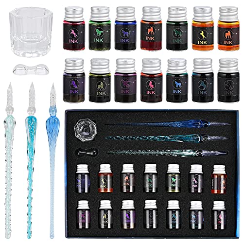 GOLDGE Federhalter aus Glas, 19PCS Glasstifte Set Kalligraphie Glasfederhalter mit Glasstifte Bunte Tinten Glasstifthalter Stifthalter für Unterschrift Handschrift Dekorationsgeschenk