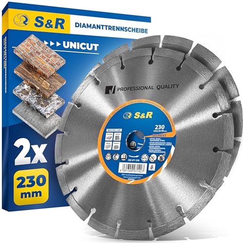 S&R Professional Diamanttrennscheibe 230 x 22,2 mm UNICUT, 2-tlg Set, Diamant-Trennscheibe zum Trennen von Baumaterialien, Beton, Naturstein, Stein, Ziegel, Mauerwerk, besonders hohe Standzeit