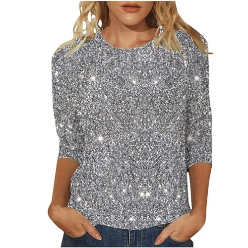 Silvester Outfit Damen Pailletten Oberteil Weiß Elegant Sexy Festliche Blusen Modern Casual mit Glitzer Glitzer Shirt Glitzer Oberteile Winter Große Größen Langarm Tunika Festliche Blusenshirt