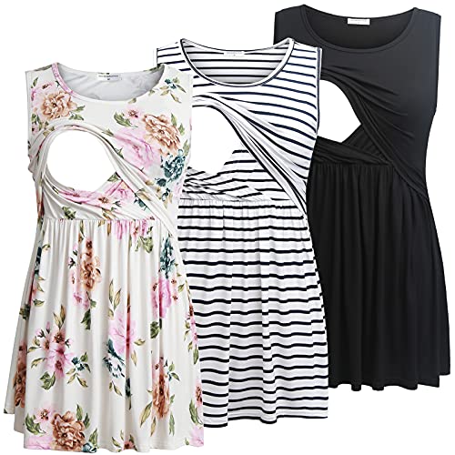 Bearsland Women's Maternity Nursing Tank Tops Sleeveless Scoop Neck Soft Breastfeeding Shirt,Black&White Striped&Roses White,L
