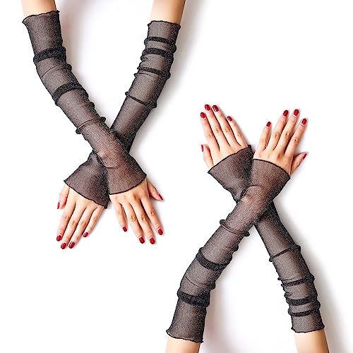 MUYDZ 2 Paar Damen Lange Arm Ärmel mit Spitze Mesh Tüll, Kühlende und Wärmende Dual Purpose Sun Sleeves für Frauen Mädchen, Schwarz, 20.5 inches long