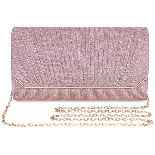 BAIGIO Elegante Abendtasche Damen Clutch Umhängetasche Klein Handtasche Brauttasche mit Glitzer und Abnehmbarer Kette, Frauen Kettentasche für Hochzeit Party Cocktail Abschlussball Freizeit (Rosa)