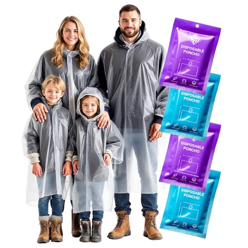 ZENO Regenponcho Festival Wasserdicht - Regenponcho Familien Set - Regencape Festival Einweg - Damen, Kinder & Mann - Transparent mit Kapuze - Reise, Wandern, Camping