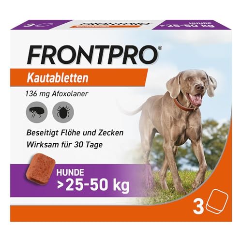 FRONTPRO Hund XL - Kautablette gegen Zecken & Flöhe (große Hunde 25 bis 50 kg) - 3X Kautabletten für 3 Monate Schutz