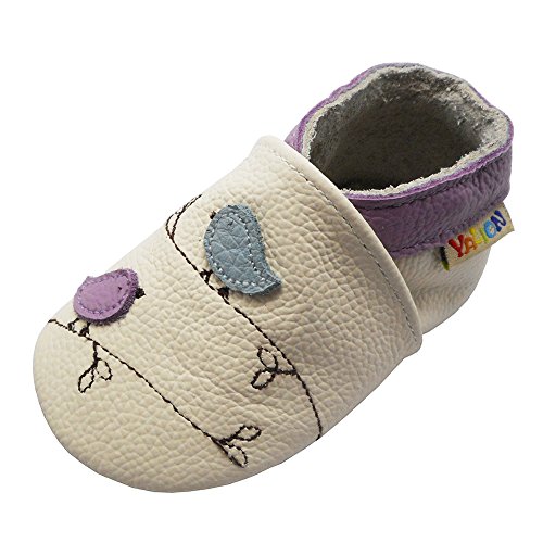 YALION Premium Weich Leder Babyschuhe Krabbelschuhe Lauflernschuhe Hausschuhe mit Vögel Weiß, EU 20/21=M