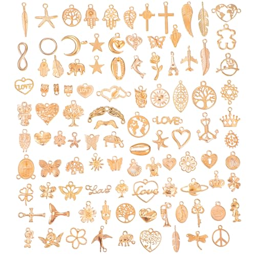JIEYAO 100 Stück Schmuck Anhänger Set, Charms Anhänger zum Schmuck Basteln Mini Metall Anhänger Gemischte Schmuckanhänger Vintage Aesthetic Charms für DIY Halskette Armband Ohrring Bastelbedarf Gold