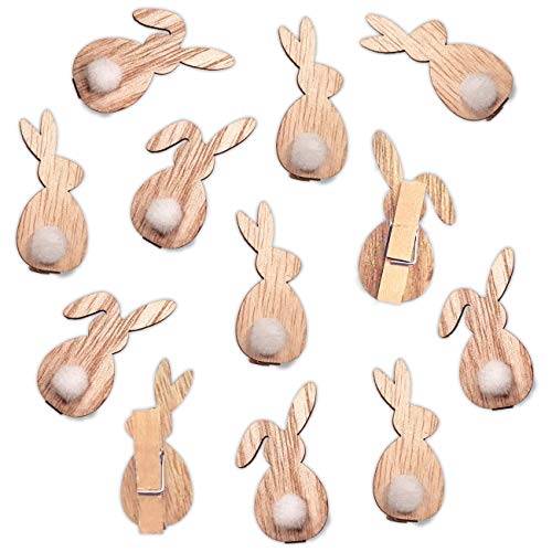 Papierdrachen 12 Holzklammern mit Hasenmotiv und Pompom zu Ostern - zum Dekorieren von Osternestern, Geschenken, Karten und mehr - für Kinder und Erwachsene - Wiederverwendbare Osterdekoration