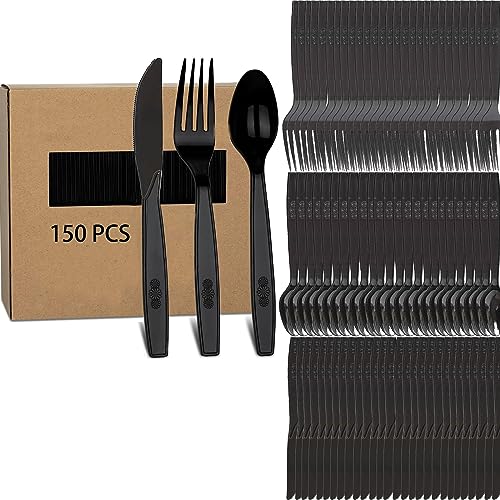150 plasti besteck Wiederverwendbare plastikbesteck schwarz,hartplastik besteck plastik gabel,Plastikmesser Gabel Löffel Set hartplastik besteck party besteck