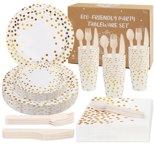 Anstore 200 Stück Pappteller Kindergeburtstag Set Weißgold Partygeschirr, Wiederverwendbar Papier Geschirr Set mit Gabeln, Messer, Löffel, Teller und Becher, für Geburtstag, Hochzeiten, Jubiläums