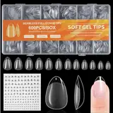 BUTBU Kurze Mandel Nägel Tips, 600 Stück Falsche Nagelspitzen, Soft Gel Tips, Full Cover Nail Tips Set, 12 Größen Künstliche Gel Nail Tips, für Nagelverlängerung und Nail Art DIY Nagelstudio zu Hause
