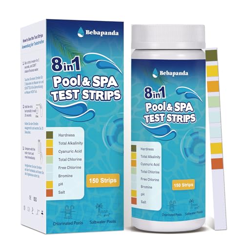 Pool Teststreifen – 8-in-1 Salzgehalt Teststreifen – 150 Stück Teststreifen Pool für Testet Chlor, Härte, Brom, pH & Salzgehalt für Swimmingpool, Spa, Whirlpool & Salzwasserpool