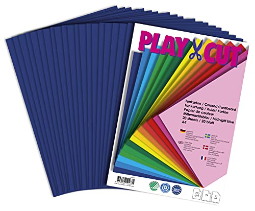 PLAY-CUT Tonkarton A4 Mitternachtsblau (220g/m2) | 20 Bogen Din A4 Bastelkarton Bunt | Dickes Bedruckbares Kartonpapier | Premium Druckerpapier Dicke Stärke | Karton zum Basteln