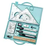 Zeichenset – Set mit Linealen und Zirkeln aus Metall mit Etui | Komplettes Zeichenset mit Dreieckslineal für präzise Messungen, Zeichenbedarf und professionelle Werkzeuge