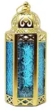 Goldene marokkanische Kerzenlaterne, dekorative Kerzenhalterlampe für Tisch oder zum Aufhängen, Ramadan, Terrasse oder Veranda im Freien, Hochzeiten, blaues Glas, mittelgroß