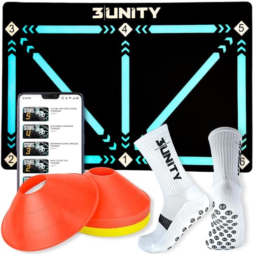 3UNITY Fußball Trainingsset Mit Fussball Trainingsmatte 60x90 Cm, 8 Hütchen Fussball Und Rutschfesten Fussballsocken (grip Socks) Ballkontrolle, Dribbling & Koordination. Fussballmatte Training Kinder