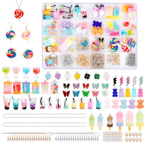 JABNOW Charms Anhänger Set, Ohrringe Selber Machen Set,65 Stück Charms Bubble Tea Schmetterling Bär, DIY Coole Sachen für Ohrringe Halskette Armband und Schlüsselanhänger Mädchen