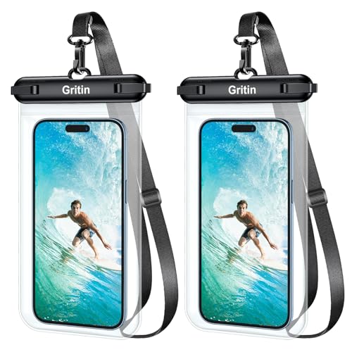 Gritin wasserdichte Handyhülle, IPX8 Unterwasser Handytasche Hülle mit Sicherheitsschleife,Waterproof Phone Case für iPhone 16 Pro Max/15/SE, Galaxy, Mate, Smartphone bis zu 7,2 Zoll - 2 Stück