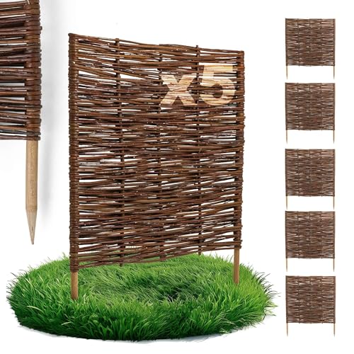 5 x BOGATECO Beeteinfassung aus Weide | 60 cm Lang & 60 cm Hoch | Holz-Zaun Rasenkante | Weiden-Zaun Steckzaun Perfekt für den Garten als Weg-Abgrenzung | Gartenzaun Weidezaun Zaunelemente
