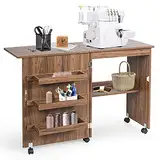 RELAX4LIFE Faltbarer Nähtisch auf Rollen, Nähmaschinenschrank aus Holz, Nähschrank, Mehrzwecktisch, ideal für Wohnzimmer, Schlafzimmer und Arbeitszimmer (Braun)