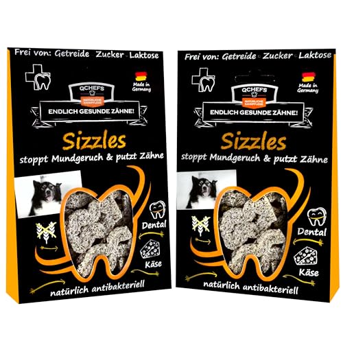 QCHEFS 2X Sizzles: Hunde Zahnpflege antibakteriell gegen Mundgeruch und Zähne geputzt- als getreidefreie-hypoallergene Leckerlis nach dem Hundefutter-perfekt für Welpen und Training (2er Pack)
