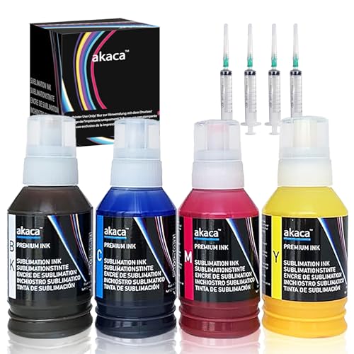 akaca Sublimationstinte 4 x 127ml Wärmepressen-Transfer auf T-Shirt, Tasse, Handyhüllen Kompatibel mit Epson EcoTank Supertank, für Epson ET 2720 2760 2800 2803 2850 15000 WF7710 7820