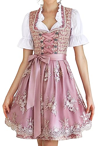 EIISSION Dirndl Damen Midi Trachtenkleid inkl. Trachtenrock Dirndlbluse Dirndlschürze für Oktoberfest Pink 48